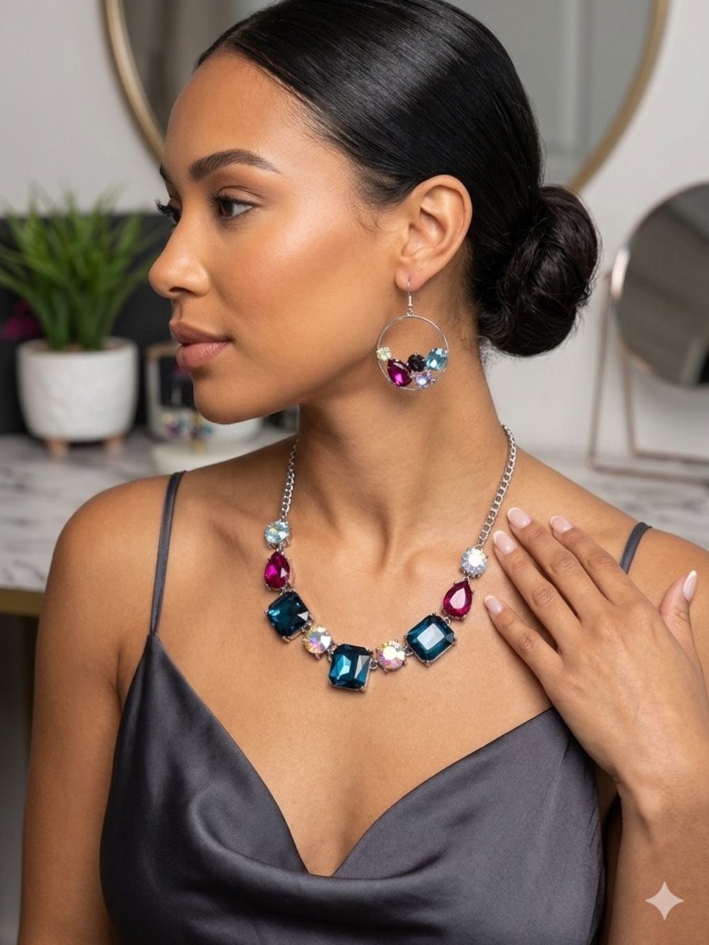paparazzi Blue, Teal and Fuchsia Statement Necklace with Matching Hoop Earrings